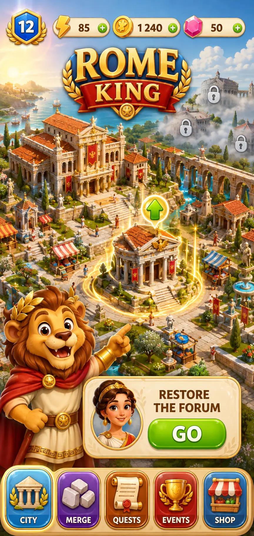 Rome King opening screen with Leo in a restored Roman city