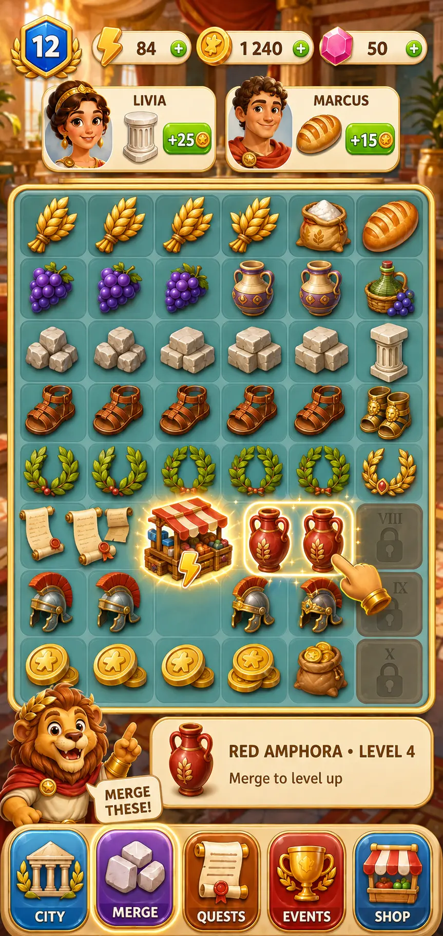 Rome King merge board with Roman items and orders